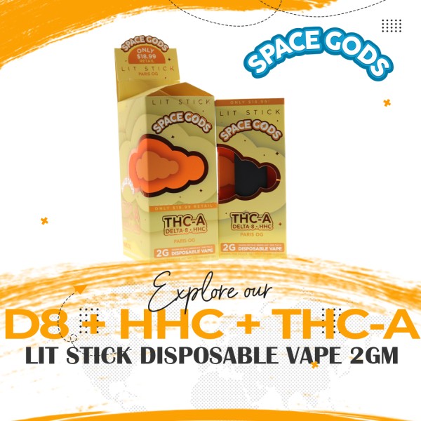 SPACE GODS D8 + HHC + THC-A LIT STICK DISPOSABLE VAPE 2GM/5CT/PK